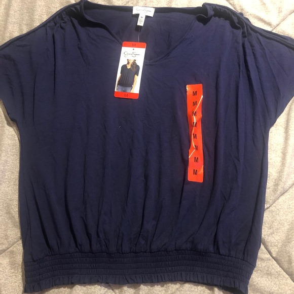 Jessica Simpson Blouse‎ Top Dolman Sleeve V-Neck Smocked Waist Blue M - Picture 1 of 5